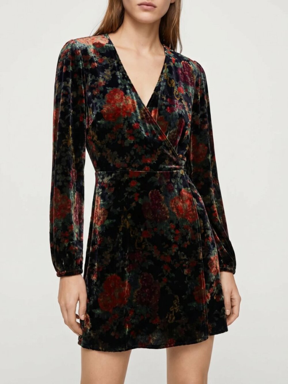 Zara Velvet Floral Wrap Mini Dress Long Sleeve V-Neck Multi-Color Small
